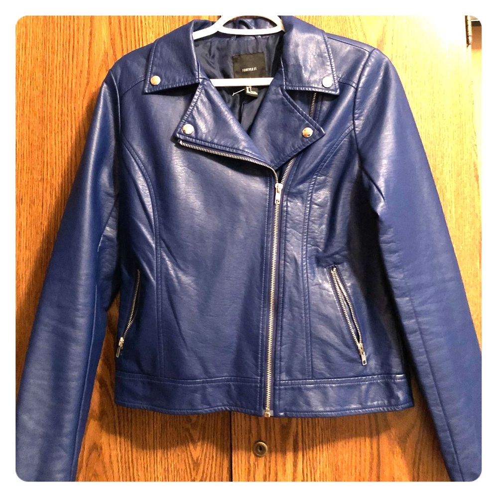 F21 Moto Style Bright Blue Faux Leather Jacket